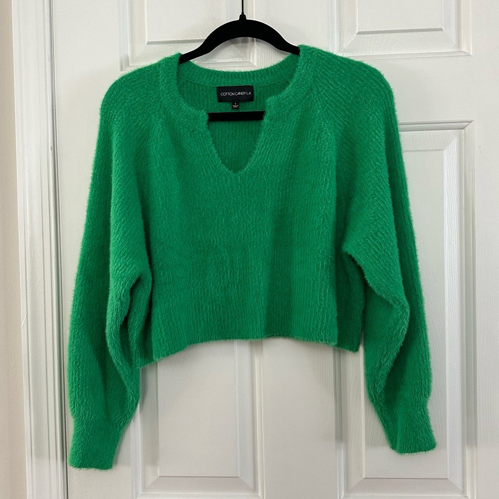 Cotton Candy LA Vibrant Green Cropped Fuzzy Sweater